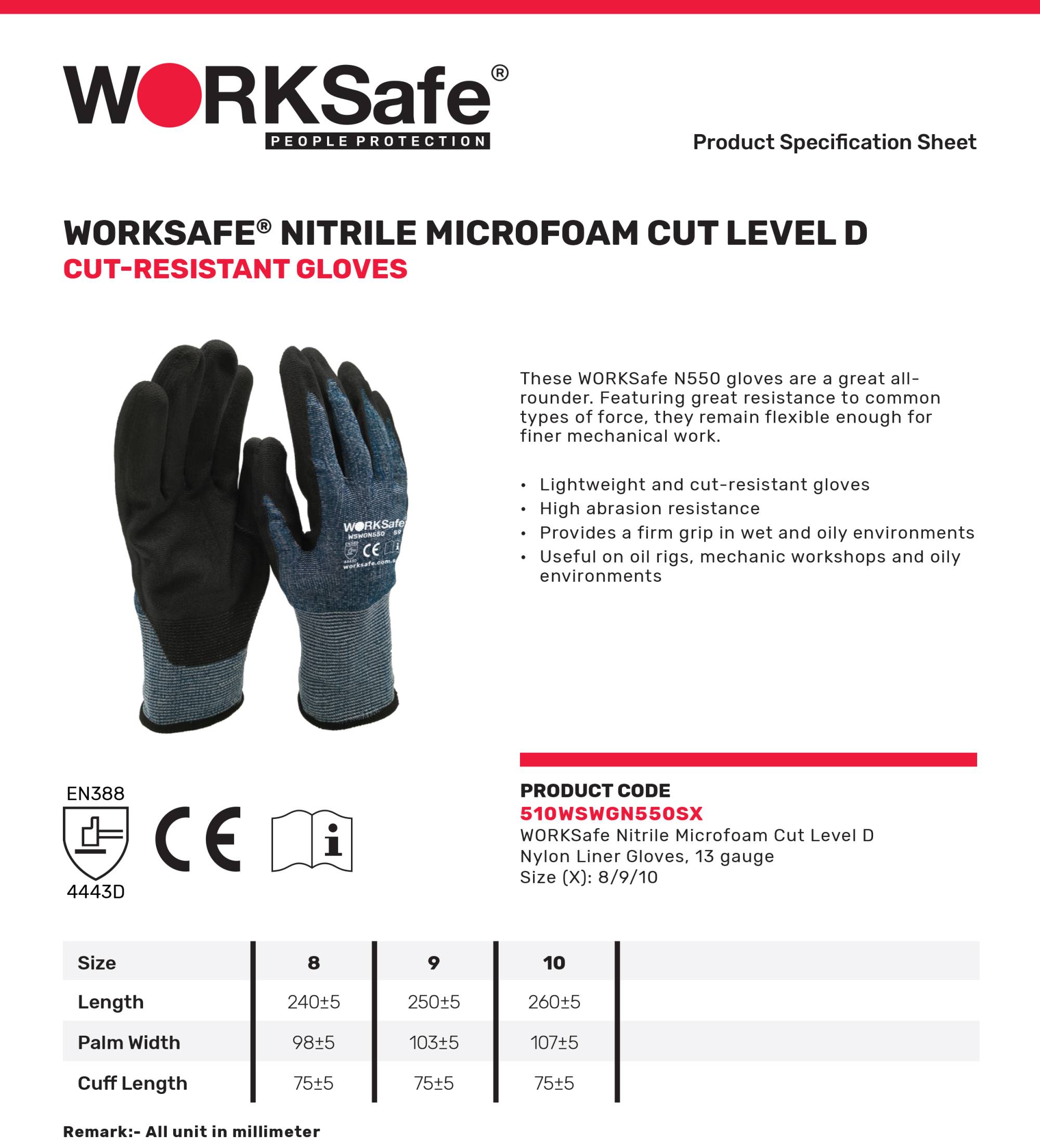 WORKSAFE N550 NITRILE MICROFOAM NYLON LINER SAFETY GLOVES, CUT LEVEL D 550